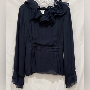 OSCAR DE LA RENTA - NAVY BLUE SILK CHIFFON RUFFLE ROSE BLOUSE - Size 6